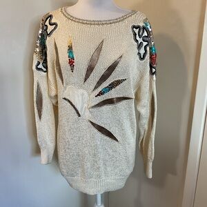 Vintage Neil's Apparel Cream Beaded Floral Sequin Sweater Large Tunic